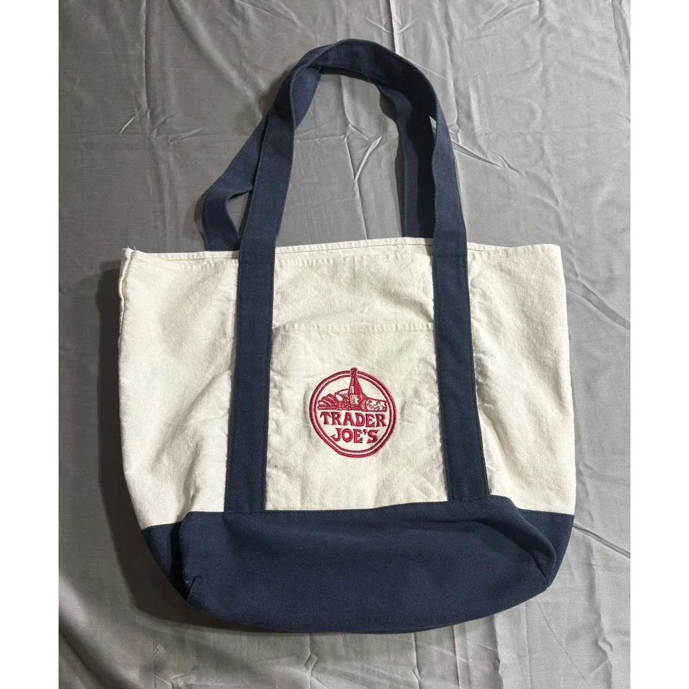 Trader Joe's Canvas Tote Bag Navy Blue Cream Embroidered Logo Reusable t1704